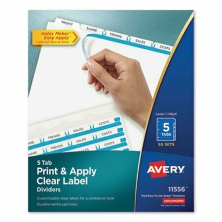 AVERY DENNISON Avery, PRINT AND APPLY INDEX MAKER CLEAR LABEL DIVIDERS, 5 WHITE TABS, LETTER, 50 Pieces 11556